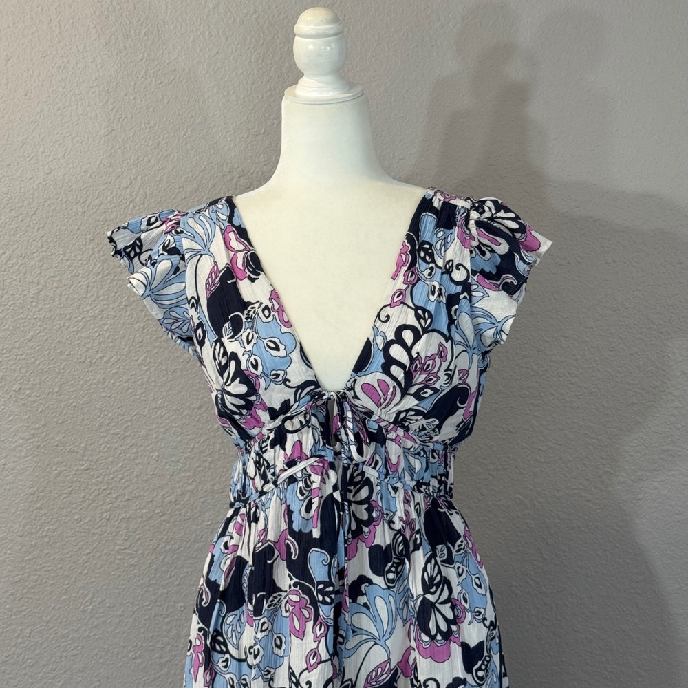 NWT LOFT Beach Women's Size XS Navy Blue Floral Smocked Maxi Dress - Picture 9 of 11
